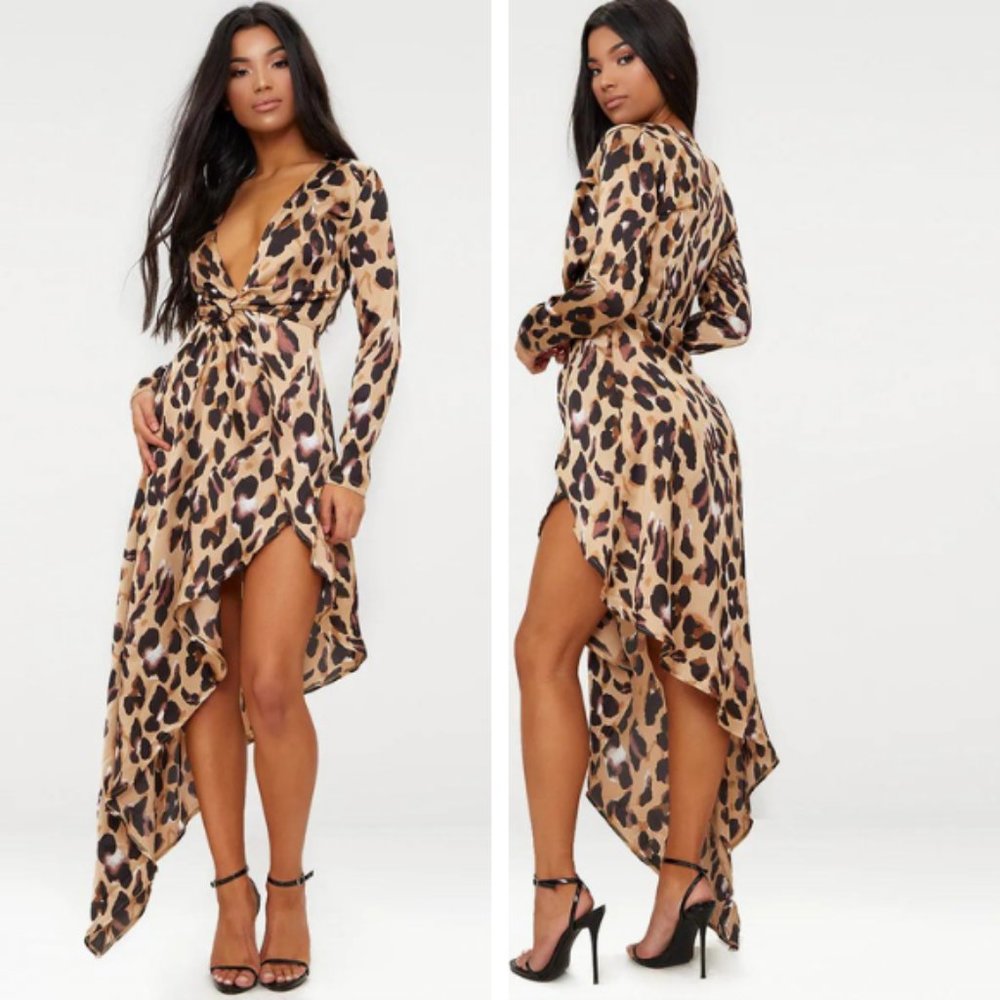 Pretty Little Thing  Leopard Asymmetric Hem Plunge Satin Dress